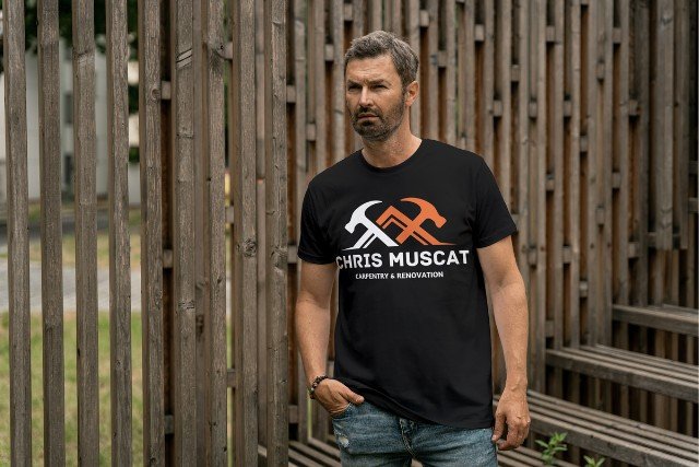 Man wearing black t-shirt with logo.