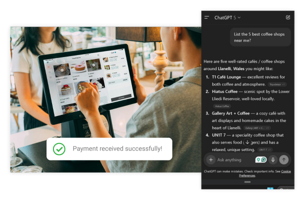 AI Visibility Audit. Coffee shop till and Chat-GPT recommendation on a smart phone.