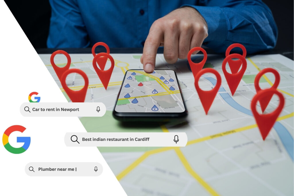 SEO for local businessess map with a hand using smartphone.