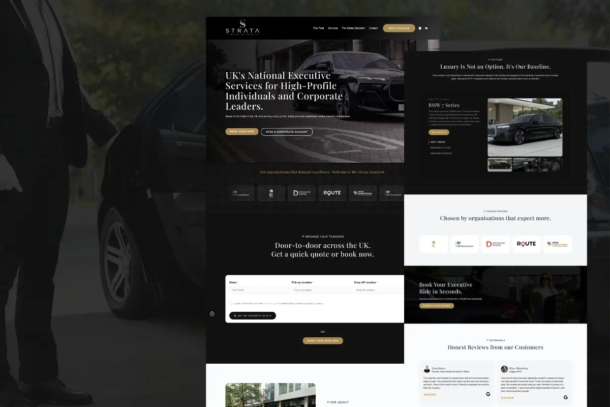 Dark themed executive travel website homepage for Cardiff