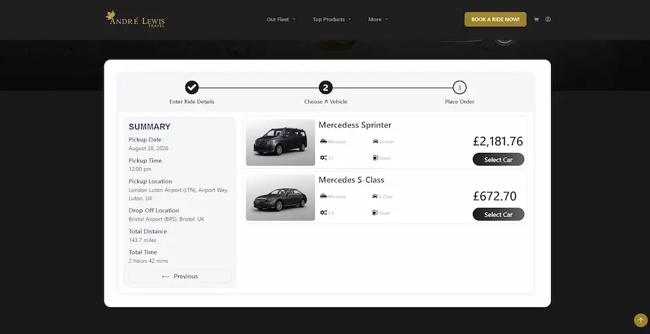 Booking a Vehicle Options Screenshot