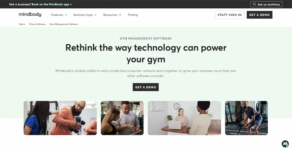 MindBody fitness booking software homepage screenshot