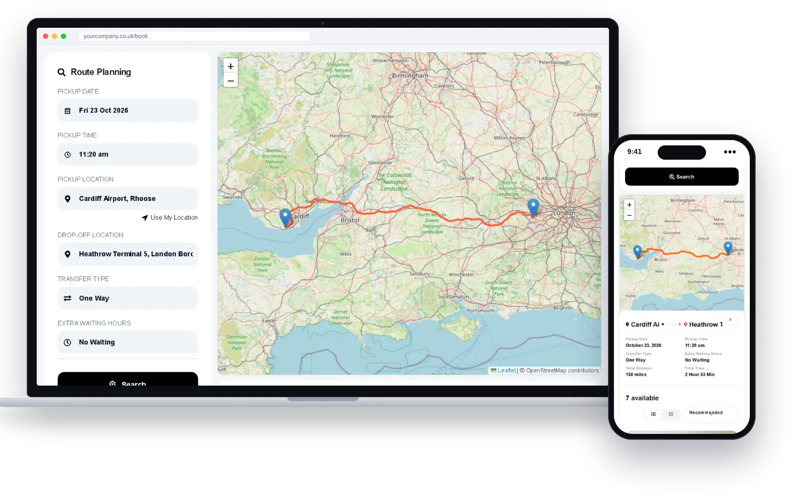 Chauffeur booking system on a laptop and phone, showing the route from Cardiff Airport to Heathrow
