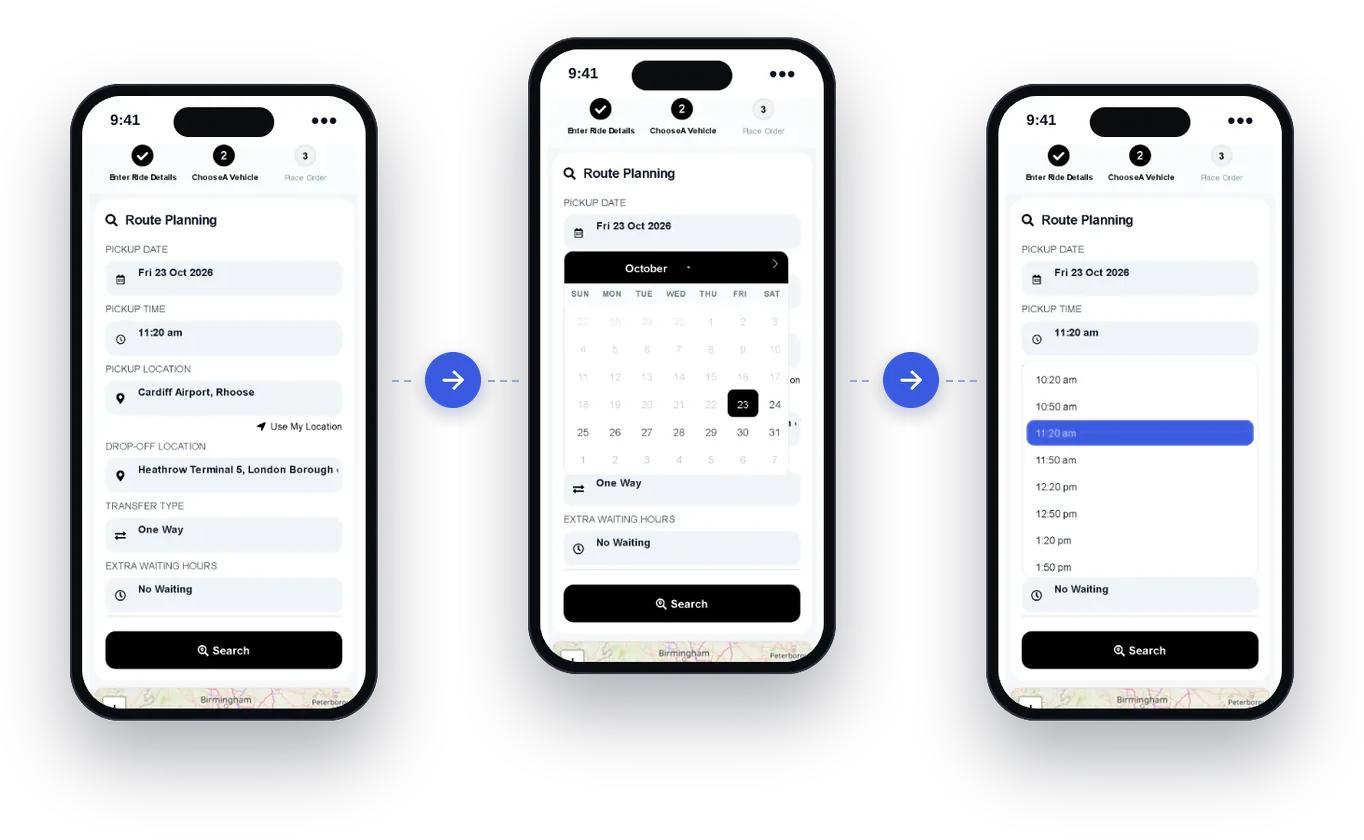 Customer choosing a pickup date and time on a chauffeur booking form on mobile