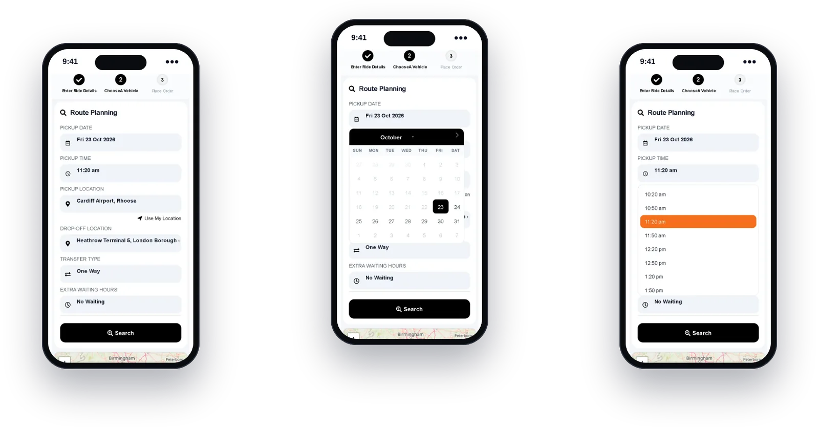 Customer choosing a pickup date and time on a chauffeur booking form on mobile