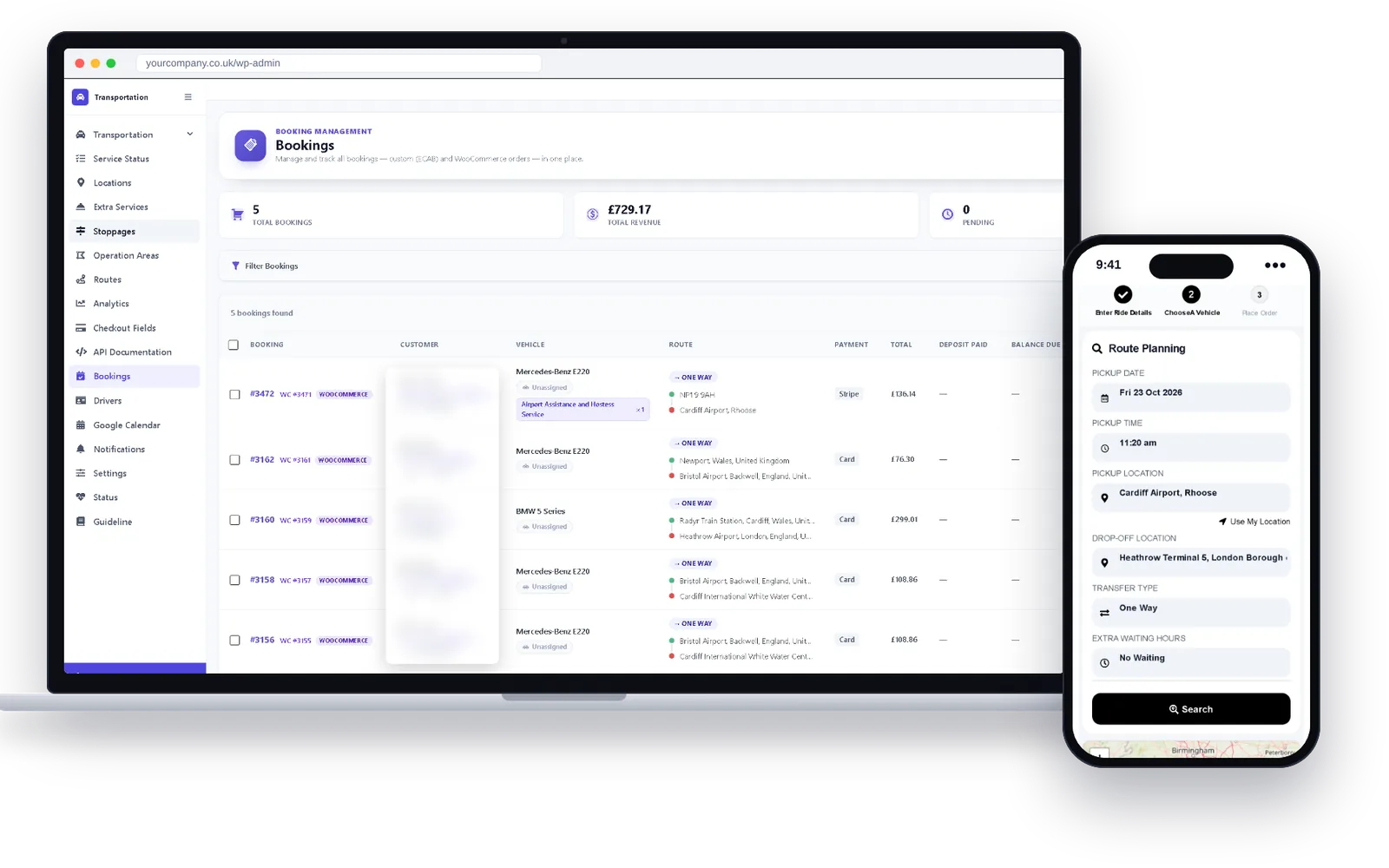 Chauffeur booking made on a phone arriving in the booking dashboard